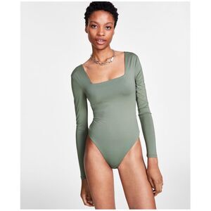 Crave Fame Womens Square Neck Long Sleeve Bodysuit Jumpsuit, Green, NWT